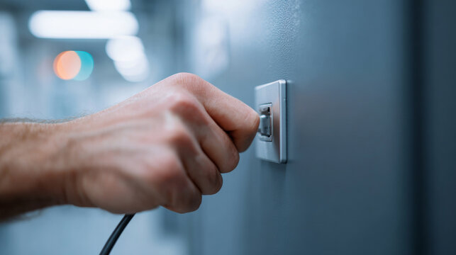 Hand plugging cable into wall socket