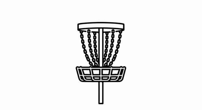 Black and white illustration of a disc golf basket with chains