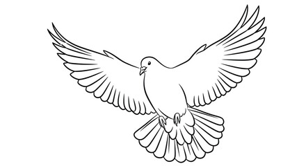 Obraz premium A detailed line drawing depicts a white dove in mid flight with outstretched wings