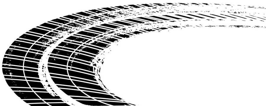 Tire tread marks, wheel textures, tire marks - car racing, motocross, drift, rally, off-road and others. Vector black isolated texture in grunge style with splashes. Black and white monochrome set