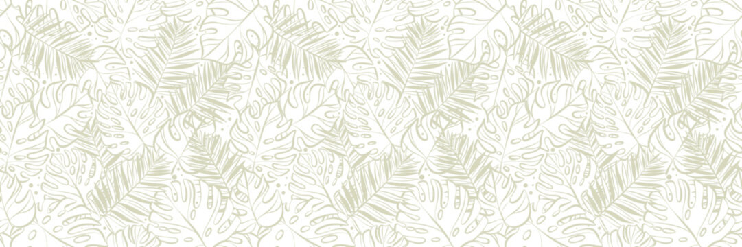 Neutral tropical leaf foliage seamless vector pattern banner, botanical background illustration line art