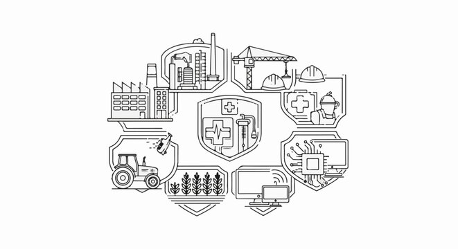 An infographic illustrating interconnected industries like agriculture, construction, and medicine