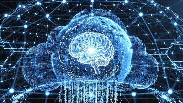 A digital illustration of a brain surrounded by a cloud with glowing blue connections and lines representing technology and data transfer.