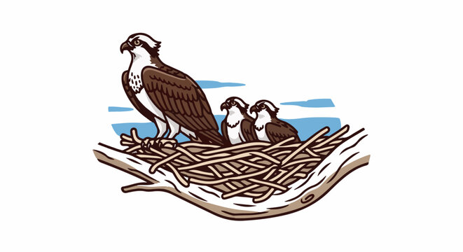 An osprey and two chicks perch in a nest on a branch