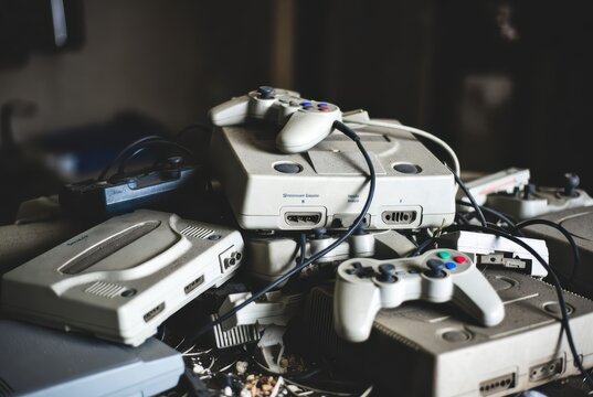 Dusty pile of vintage video game consoles and controllers, retro gaming nostalgia