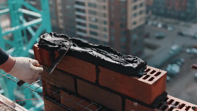 Applying mortar along brick wall edge with trowel at height close up