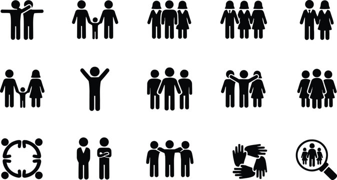 Family and community silhouettes set including parents, children, and social groups.