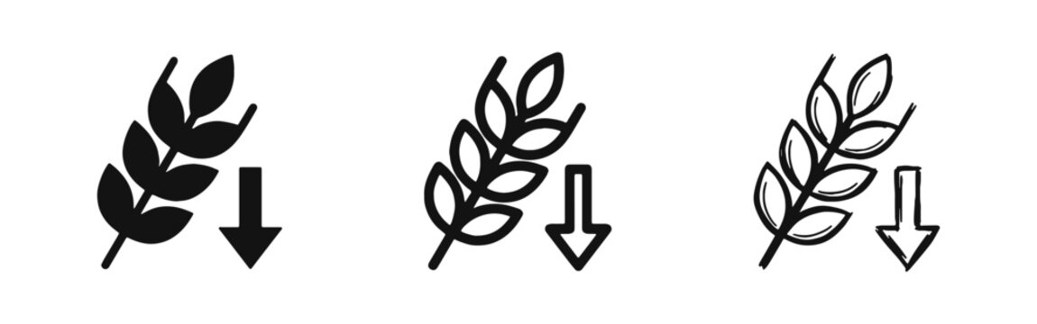 Agriculture Crisis and Wheat Harvest Decline Icon Set with Down Arrow