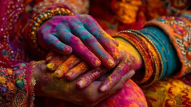 Colorful hands Holi celebration vibrant powder festival India traditional bangles