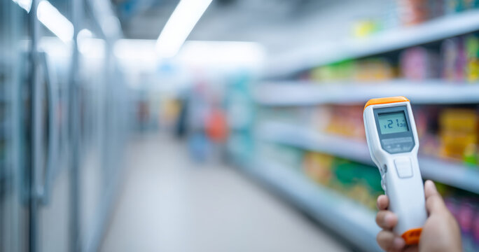 Handheld infrared thermometer in supermarket aisle