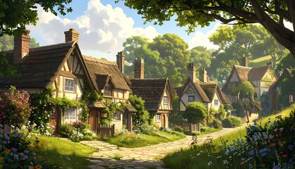 Fototapeta premium Quaint village scene, sunny day. Charming cottages, stone road, green grass, vibrant flowers, leafy trees create a peaceful vista