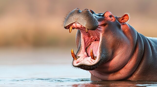Hippopotamus yawning widely in a river, powerful jaws, African wildlife