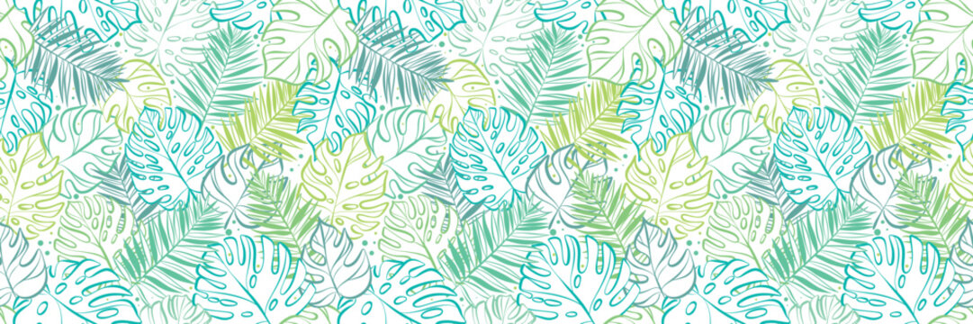 Colorful tropical leaf line art vector pattern seamless pattern banner background, botanical foliage print