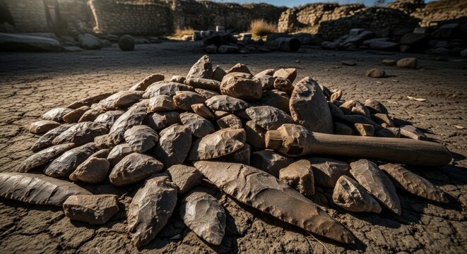 Heap of Ancient Stone Arrowheads and Flint Tools