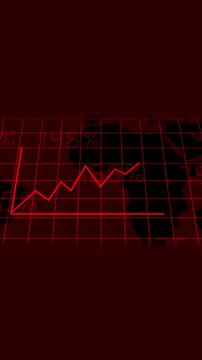Red line graph showing fluctuations over world map chart. Red line graph highlighting business changes. Chart red line graph showing fluctuations over world map and digital data background.