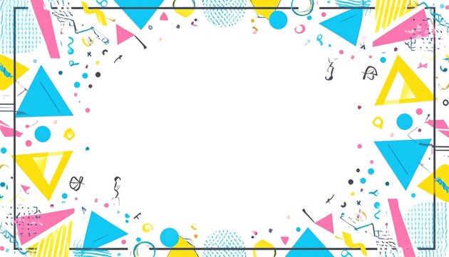 80s Retro Memphis Style Frame Background, Colorful Abstract Geometric Decorative Border Template with Blank Copy Space for Fun 90s Party Invitation, Pop Art Poster, or Creative Event