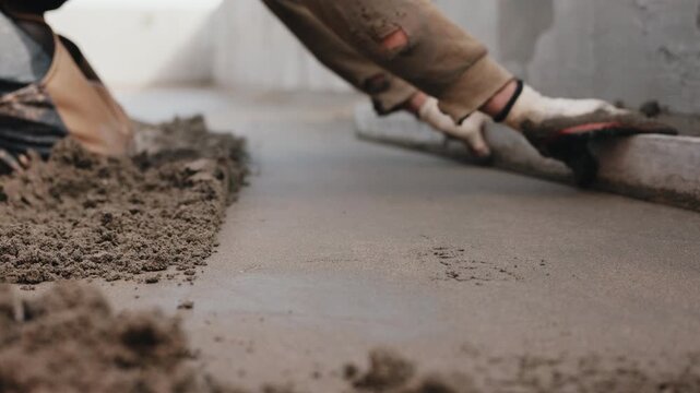 Leveling semi dry floor screed with straightedge tool during installation
