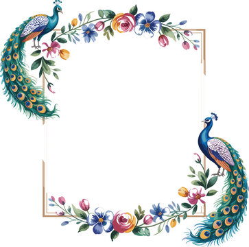 Elegant peacock and watercolor floral frame, luxury wedding invitation border with tropical birds and blooming flowers