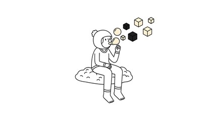 Fototapeta premium Minimalist Line Art Illustration of a Character Sitting on a Cloud Blowing Bubbles into Geometric 3D Cubes, Creative Thinking and Digital Transformation Concept