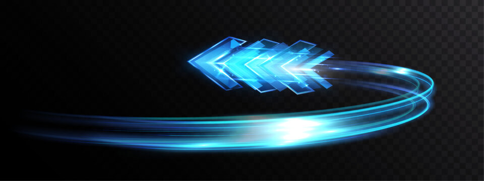Blue glowing arrow with curved light trail moving backward. Futuristic motion effect with smooth lines and energy flow, abstract speed element on transparent background.
