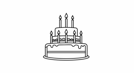 Naklejka premium Black and white illustration of a multi-tiered birthday cake with lit candles