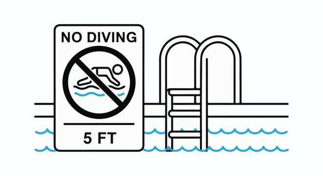 Black and white illustration of a 'no diving' sign next to a swimming pool ladder