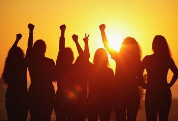 Fototapeta premium A Silhouette Of A Group Of Women Standing Together With Their Arms Raised Against A Bright Sunset