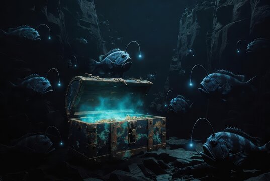 Deep sea treasure chest glows with mysterious light, surrounded by anglerfish in dark abyss