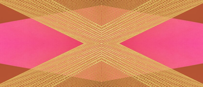 Abstract geometric composition featuring intersecting planes of bright pink and textured golden mesh creating a symmetrical visual effect