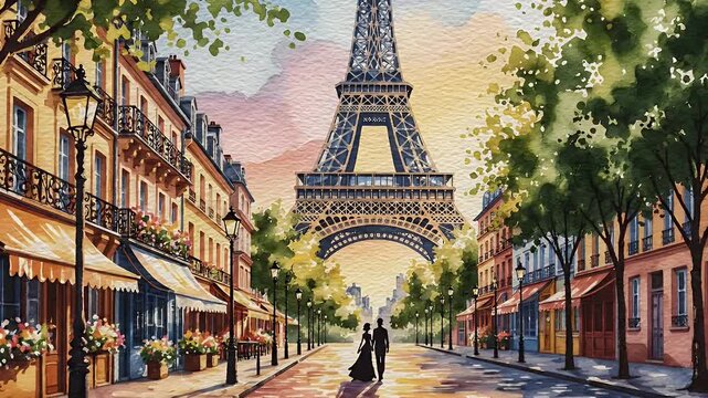 Charming Parisian Street Scene During Golden Hour with Eiffel Tower View and Caf?s