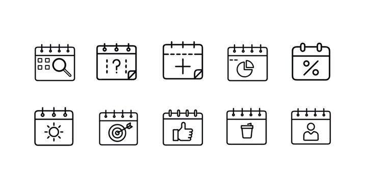 Calendar line icons set project management timeline objective analysis business target status update reminder & more vector illustration with editable stroke.