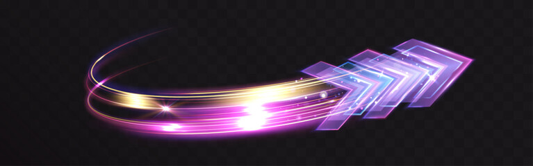 Glowing light trail forming dynamic arrow shapes with bright highlights and smooth curves. Energy motion effect with colorful streaks isolated on transparent background.  © NAUM
