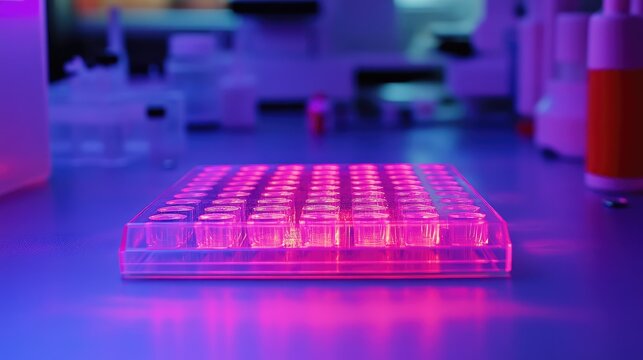 Multi well plate glowing under uv light in laboratory