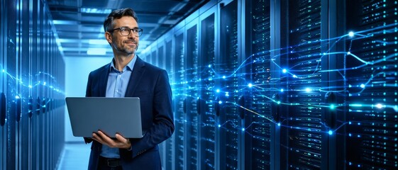 Fototapeta na wymiar Chief technology officer holding a laptop in a data center while digital lines stream through servers, highlighting server performance, secure infrastructure, and reliable digital operations