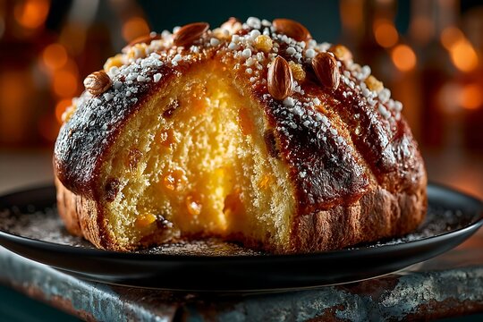 Traditional Italian colomba cake with almonds and sugar pearls