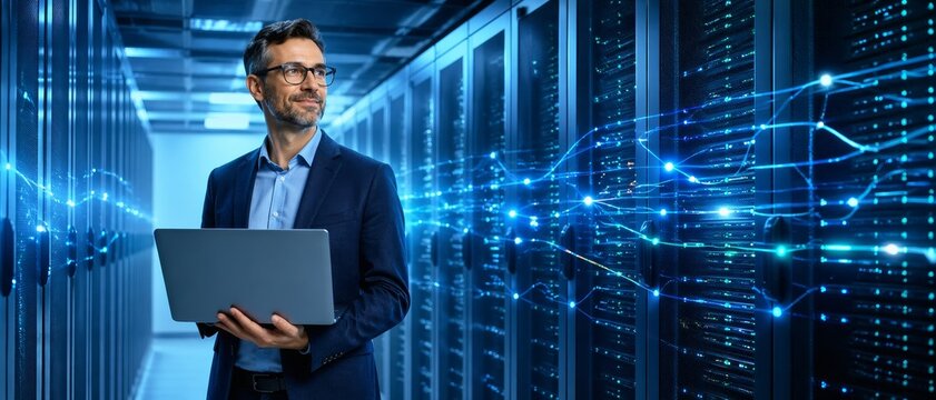 Chief technology officer holding a laptop in a data center while digital lines stream through servers, highlighting server performance, secure infrastructure, and reliable digital operations