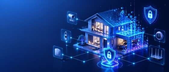 Naklejka premium Smart home isometric banner with a private house made of digital code, illustrating cyber safety, connected home systems, and secure internet of things protection for modern residential living.