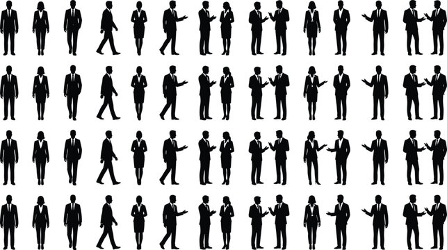 Business people silhouette collection with standing walking and talking professional black shadow human figures isolated background set