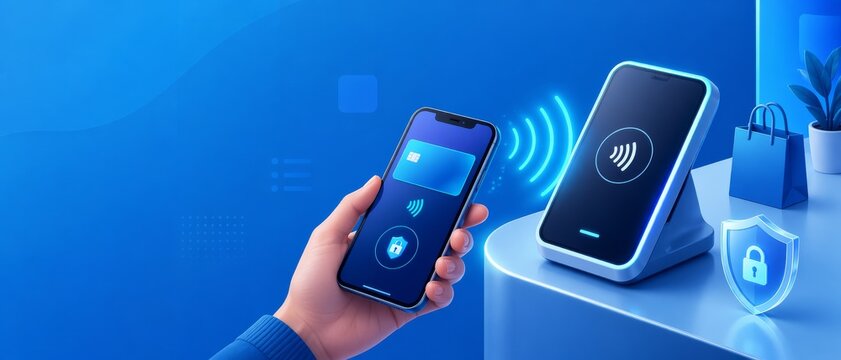 Isometric mobile payment banner showing secure contactless shopping through a smartphone with NFC chip, illustrating digital transactions, wireless checkout, and convenient retail technology.