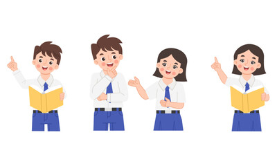 Fototapeta premium Illustration of a set of Indonesian junior high school students in uniform