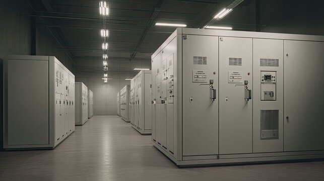 Electrical switchgear cabinets in row in control room