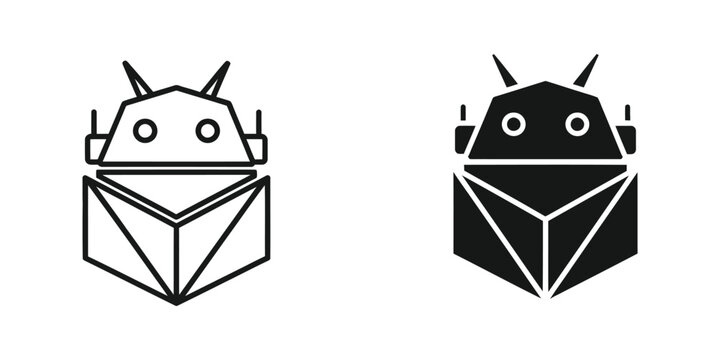 Android robot emerging from an open app package box icon in light and dark versions