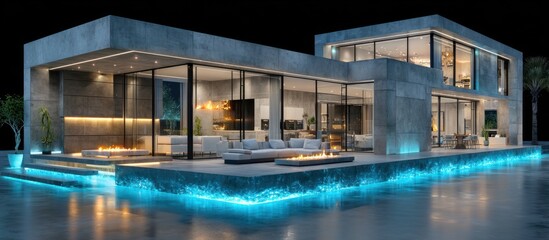 Fototapeta premium Modern Concrete Home with Pool at Night