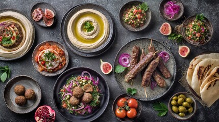 Fototapeta premium Assorted Middle Eastern and arabic dishes on a dark rustic background,border. Hummus,tabbouleh, salad Fattoush,pita,meat kebab,falafel,baklava,pomegranate. Halal food.Top view, flat lay, copy space