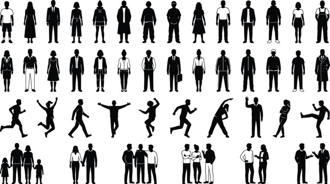 People silhouette collection with standing walking running business family and social black shadow human figures isolated set