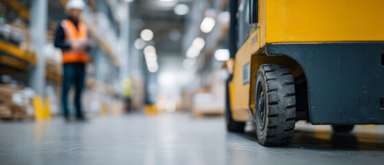 Fototapeta premium Forklift wheel in warehouse environment
