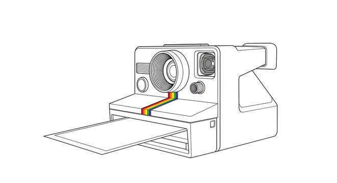 Polaroid camera with rainbow film strip