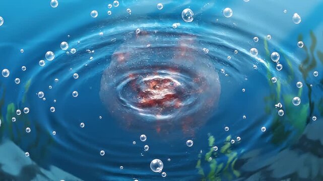 Submerged cosmic event A celestial explosion or deep-sea phenomenon viewed from above with ripples and bubbles