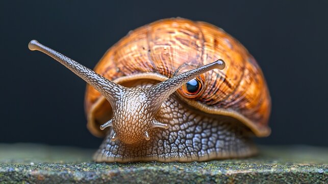 Macro photography of a snail's unique eye stalks, slimy trail, detailed