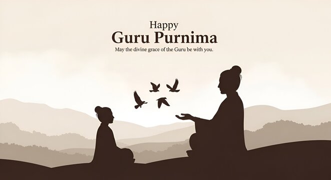 Happy guru purnima illustration featuring a guru and disciple with birds in a serene landscape background